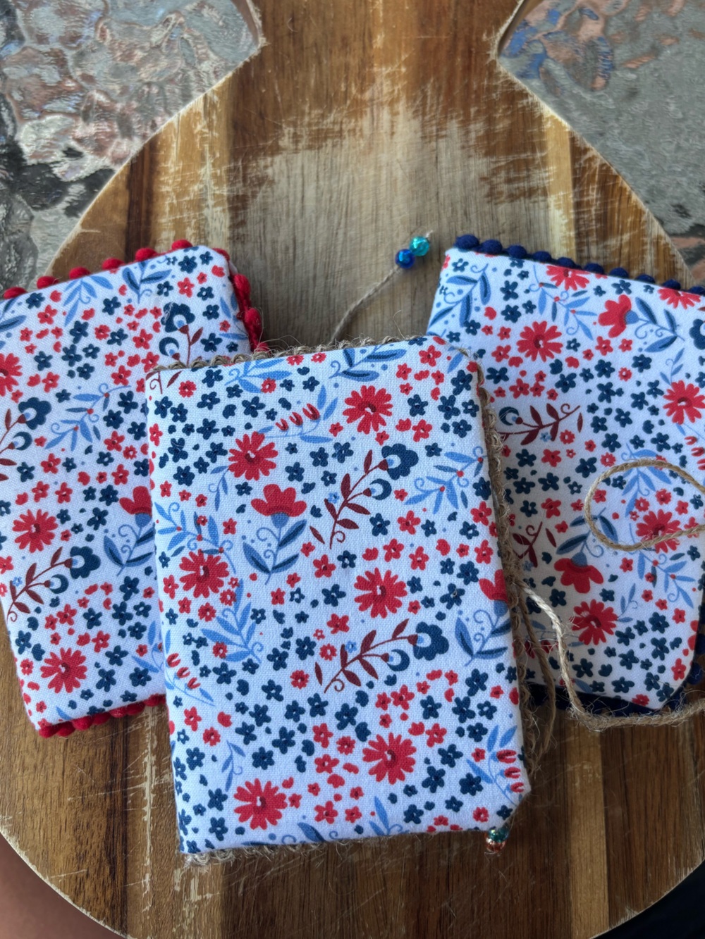 Handmade Fabric Covered Mini Journals Floral Red & Blue Size 4.75x3.5 60 Pages